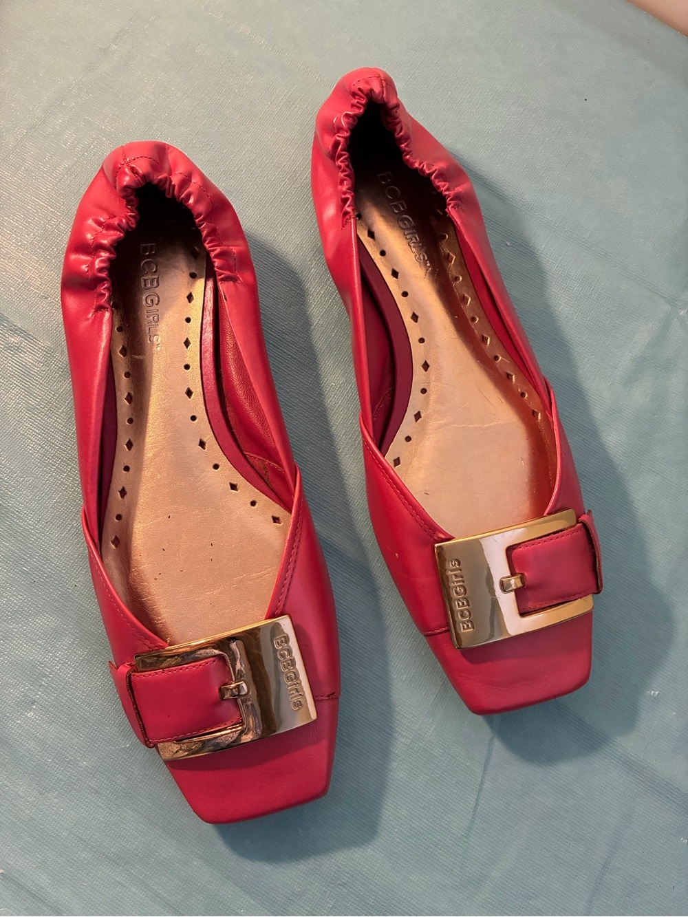BCBGirls Pink Squared-Toe Ballet Flats with Gold Buckle Size 38/8B